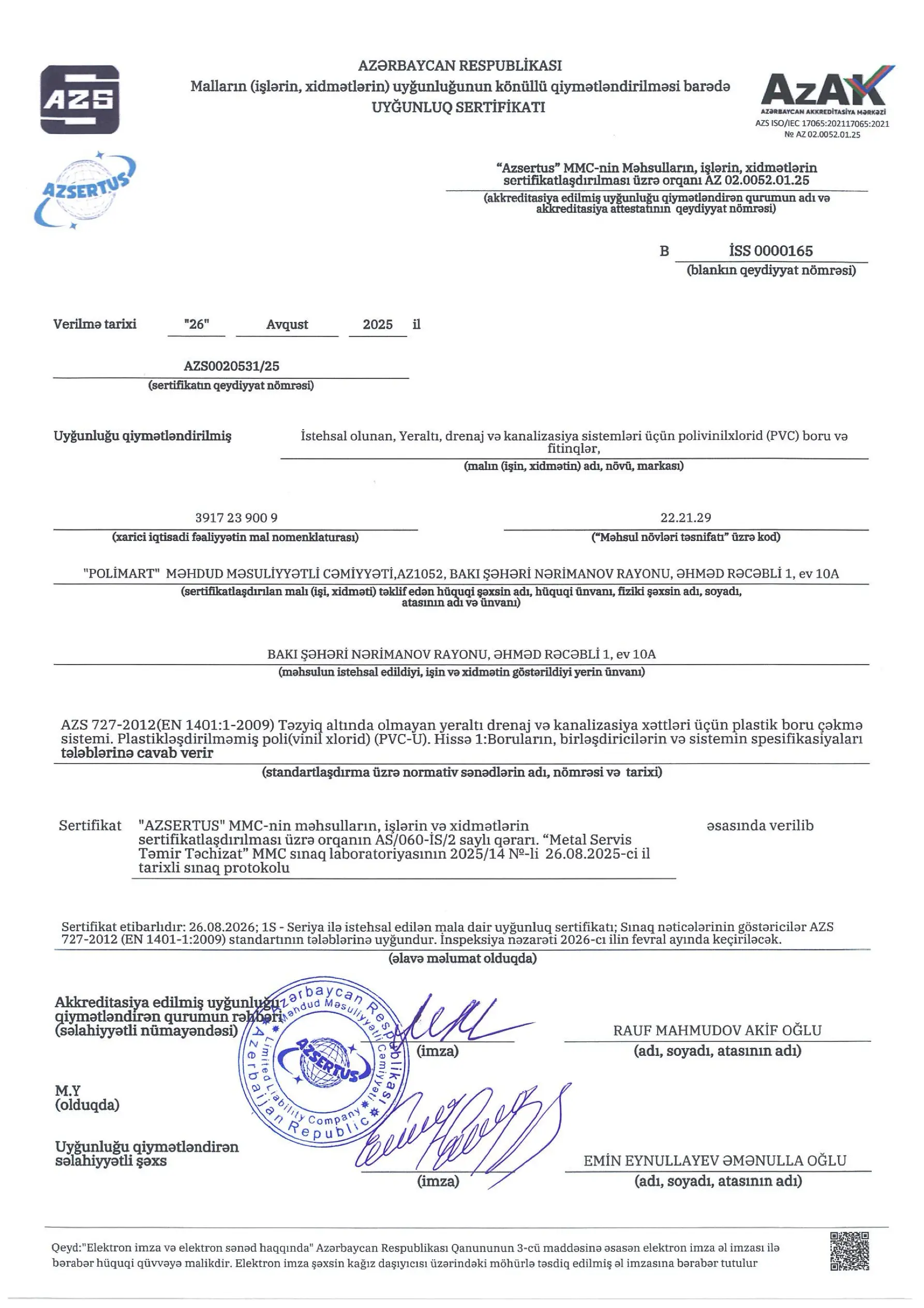 Uyğunluq Sertifikatı PVC
